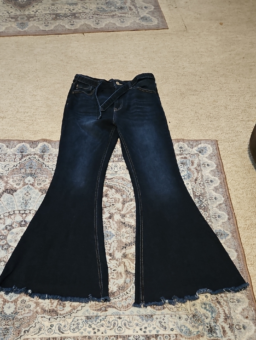 KanCan Navy to Dark Blue Ombre Flare Jeans with Raw Hem